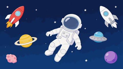 Astronaut floating in space with rockets and planets © Canis