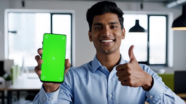 Smiling man holding a green screen smartphone and giving a thumbs up.