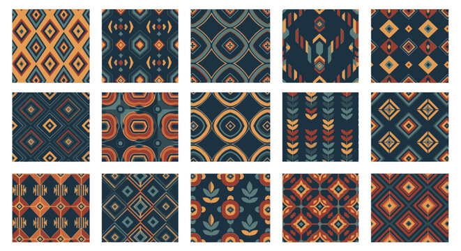 Collection of fifteen seamless ethnic ikat patterns with geometric and floral motifs in earthy blue and orange tones.