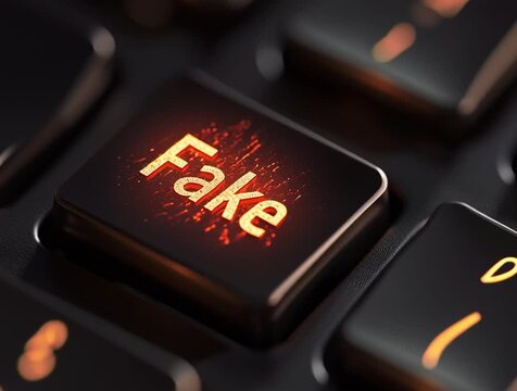 Glowing fake key on computer keyboard symbolizing misinformation and hoax