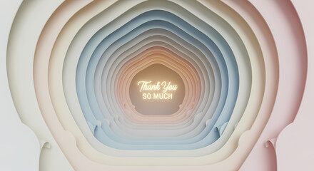 Fototapeta premium Abstract layered pastel tunnel with thank you message in neon light