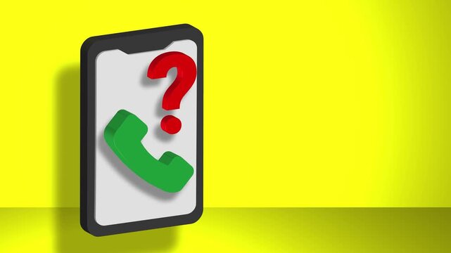 3D animation of a cell phone with a call icon and a question mark. Concept of an unknown call.