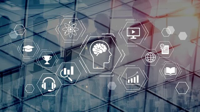 Abstract representation of brain activity with futuristic icons representing knowledge, technology, education, and collaboration on a modern glass backdrop Gluon.