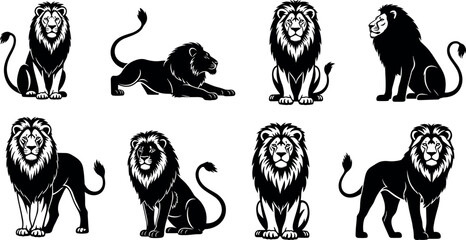 Black and White Lion Illustrations in Different Poses Including Sitting, Roaring, and Walking for Vector Graphics © MdAbdul