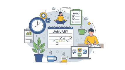 Naklejka premium Flat illustration of a person working on a laptop with a calendar, clock, and office supplies in a colorful, organized workspace.