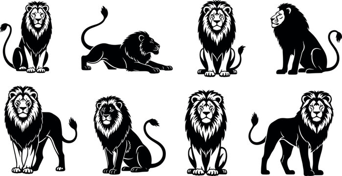 Black and White Lion Illustrations in Different Poses Including Sitting, Roaring, and Walking for Vector Graphics