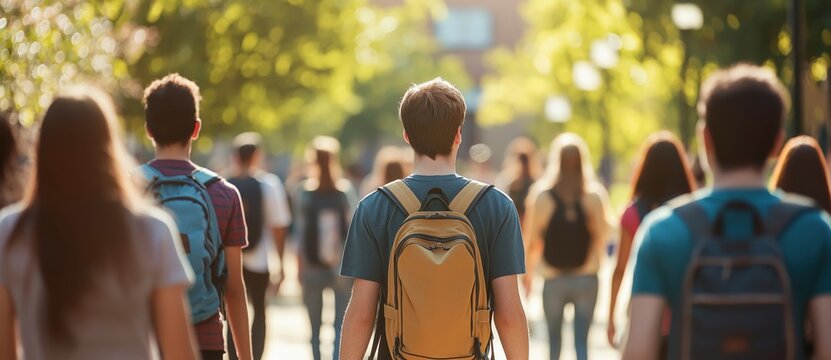 Young students walking on a sunny university campus path, heading towards an academic building, carrying backpacks
