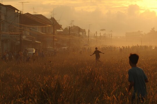 Young Malay boys enthusiastically playing Sepak Takraw in a grassy field at sunset
