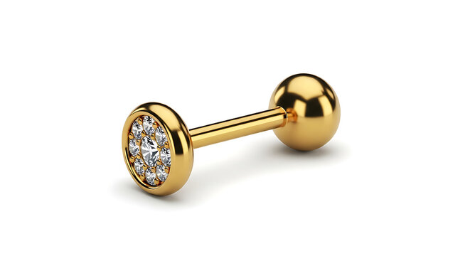 Isolated gold barbell piercing with clear gemstones, jewel studded end, metallic body jewelry accessory, clean studio shot