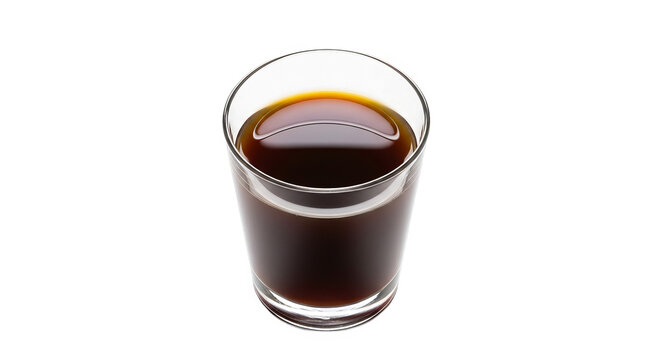 A clear glass filled with dark liquid, likely coffee or a similar beverage, sits on a white surface.