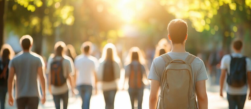 Young students walking on a sunny university campus path, symbolizing education, future, and the start of a learning journey