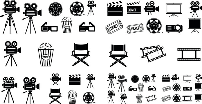 Cinema and movie production icon set with camera clapperboard popcorn tickets and film reel vector collection isolated background