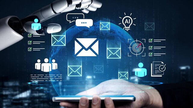 Futuristic Robotic Hand Holding Smartphone with Email Symbols and AI Icons Representing Advanced Communication Technology and Digital Transformation Gluon.