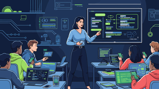 Woman teaching coding to students.