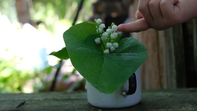Good Morning. Beauty in nature, rustic still life, curious child exploring nature. Summer flowers in enamel cup, old wooden table, lily of the valley. Old village