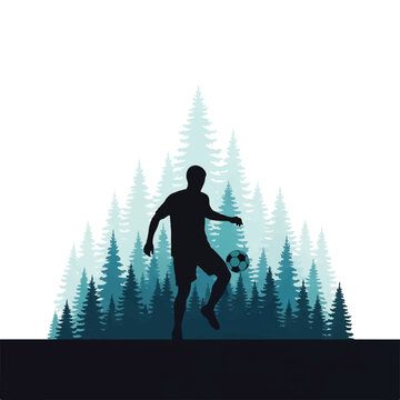 Silhouette of a soccer player juggling a ball in front of a forest of tall pine trees, representing Seattle and Vancouver soccer culture, minimalist flat vector artwork, clipart style, absolute