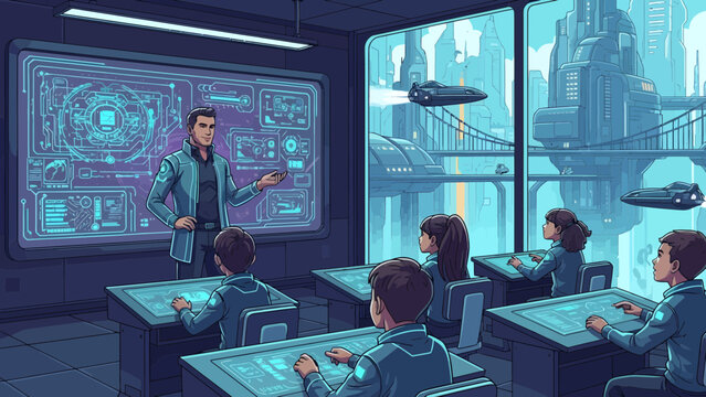 Students in a futuristic classroom setting.