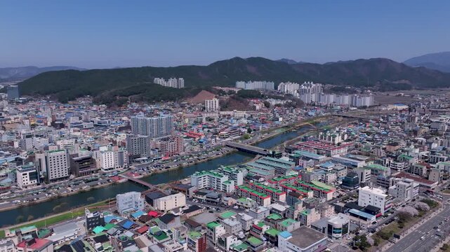 Aerial Drone Footage of Peaceful Ocheon Port and Chungcheong Suyeongseong Fortress, Boryeong, South Korea