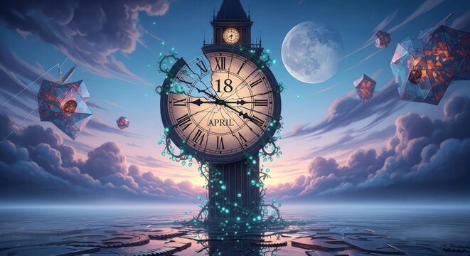 Surreal clock tower floats on water, with a broken clock face, full moon, and floating geometric shapes