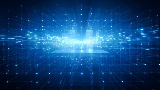 Digital network technology platform glowing blue grid cyber space data connection with abstract light ring blue glow dark space digital particle circle futuristic energy field glowing dots symmetry