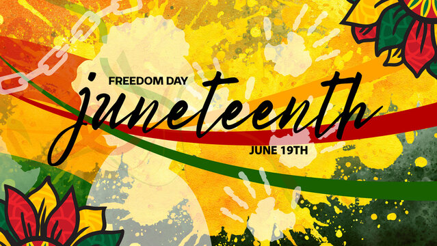 Juneteenth Freedom Day Background with Handwritten Typography and Colorful Abstract Waves &ndash; June 19 Celebration