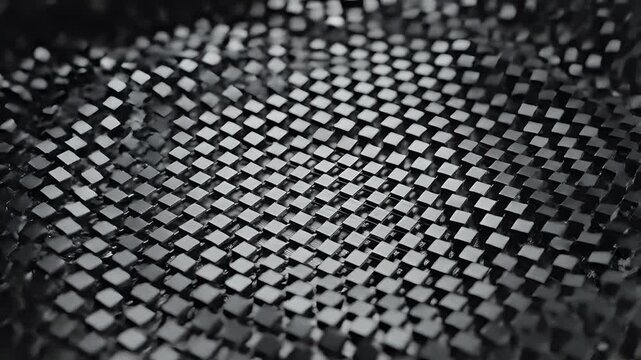Closeup of a black woven carbon fiber texture with a subtle ripple effect.