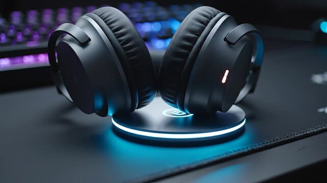 Cool black wireless headphone on glowing blue charging dock. Modern audio tech gadget for immersive gaming music and sound experience