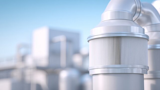 industrial pollution control concept, factory with modern filtration systems releasing clean air, environmental regulation compliance, sustainable manufacturing, realistic industrial photog