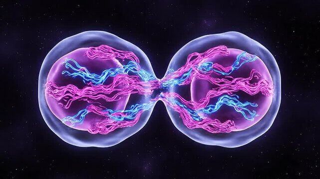 Microscopic cell division in biotech science futuristic biology showing glowing mitosis process, an abstract view of nucleus and chromosome