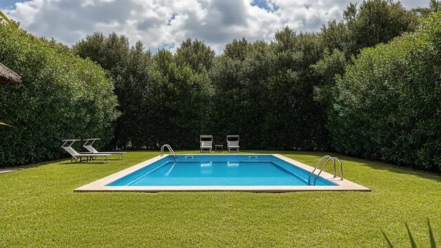 Tranquil Swimming Pool Surrounded by Lush Greenery on a Sunny Day