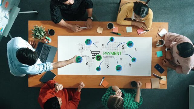 Team Collaboration on Financial Strategy and Payment Process Visualization in a Modern Office Setting with Diverse Group Discussion Gluon.