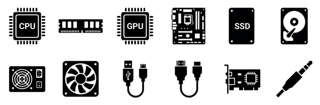 Collection of essential computer hardware components and electronic parts for modern PC building and technology concepts.