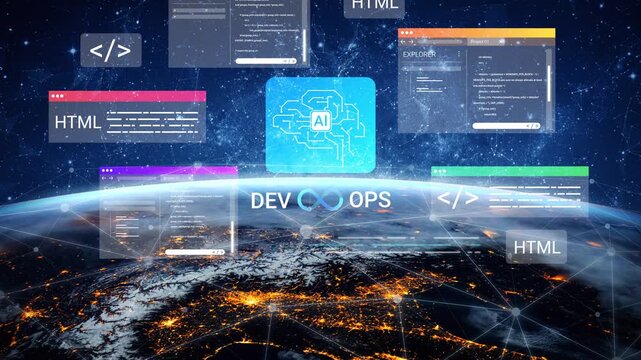 Futuristic Concept of DevOps with AI Integration, Coding Interfaces, and Global Connectivity Over Earth View from Space at Night Gluon.