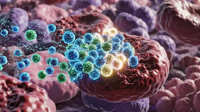 Microscopic view of serious virus infection in blood stream. Biotech research showing disease attacking red blood cell for new medicine