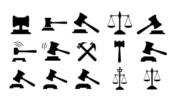 Gavel icon set vector with judge hammer and law symbols for court and auction apps isolated on white background