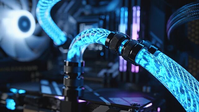Futuristic gaming computer with powerful blue liquid cooling system. Custom high performance tech hardware featuring glowing neon light detail