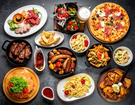 イタリアンやバル料理が並ぶテーブルいっぱいのパーティー料理 宴会や女子会のイメージ 飲み放題コース料理の俯瞰写真