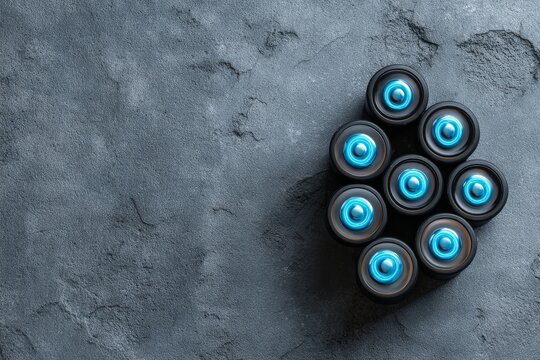 Group of rechargeable cylindrical batteries with glowing blue terminals arranged in a spiral pattern on a dark textured surface