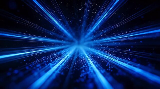 Blue light beams radiating from center with particles in dark background