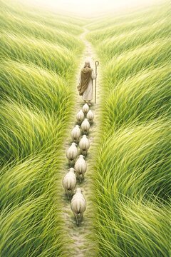 The Good Shepherd Leading His Flock Through Green Pasture, Spiritual and Christian Concept Illustration