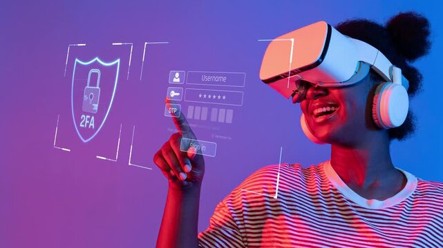 A vibrant image of a young woman using a virtual reality headset, interacting with a digital security interface that emphasizes two-factor authentication for online safety. Raster