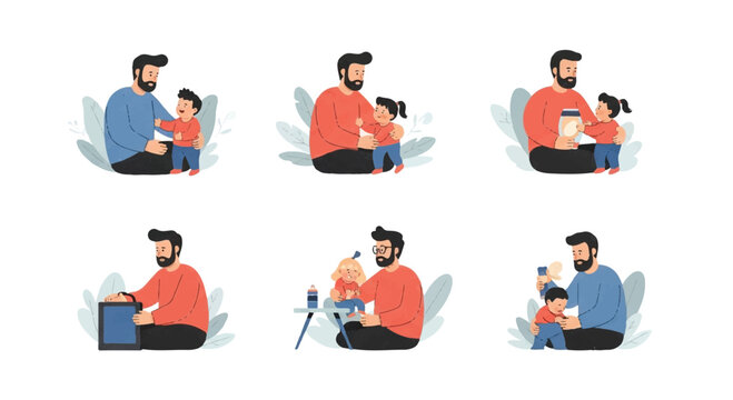 Father teaching child various skills and activities in a sequence of illustrations with flat design illustration set illustration panel icon set