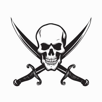 Scary Human Skull With Crossed Swords Vector Illustration On White Background