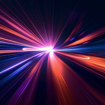 Abstract vibrant light speed lines creating a dynamic futuristic tunnel of glowing data flow, symbolizing digital information superhighway motion.