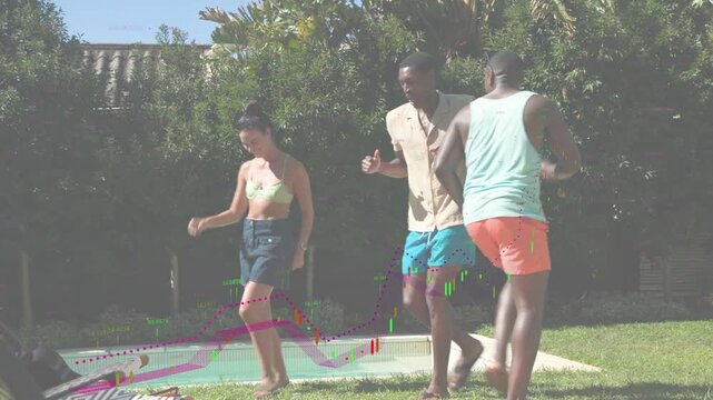 Left man raising arms, three friends syncing playful dance on grass by pool for lifestyle marketing
