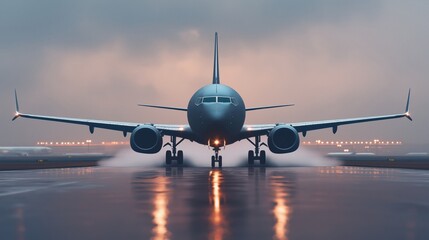 Naklejka premium Modern jetliner accelerating on a rain-slicked airport runway creating water spray, preparing for departure at dusk