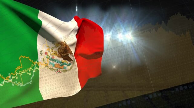 Stadium gusts causing Mexican flag waving, yellow-white graphs sliding on fabric showing stats