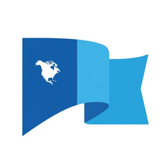 A minimalist flat vector of a corner flag blowing in the wind, with a small silhouette of the North American continent on the fabric. Colors: royal blue, sky blue, and white. minimalist flat © farahnian