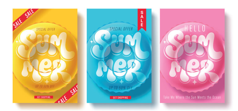 Colorful Summer Sale Flyer Templates with Inflatable Swim Rings and Bold Tropical Typography Vector