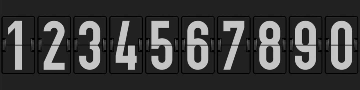Vintage mechanical flip display showing numbers zero to nine in split flap style. Classic counter or scoreboard design for old clocks departure boards or tally systems. Clean vector.